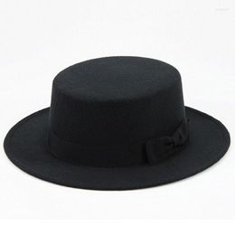 Berets Wool Felt Pork Pie Boater Flat Top Hat For Women's Men's Wide Brim Fedora Gambler Bowknot Band Ornaments 57cmBerets Wend22
