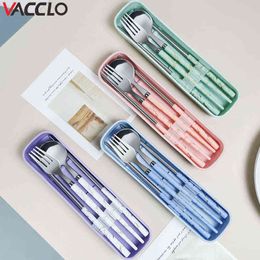 Vacclo 3PCS Gilt Marbled Plastic Handle Stainless Steel Portable Tableware Set Spoon Chopsticks Fork Household Kitchen Tools Y220530