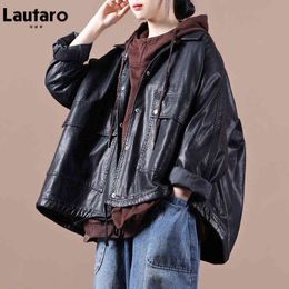 Lautaro Spring Short Black Oversized Faux Leather Jacket Women Raglan Sleeve Pockets Korean Fashion Clothing Streetwear 2021 L220728