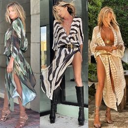 Boho Print Chiffon Tunic Sexy Bathing Suit CoverUps Plus Size Beach Wear Long Kimono Dress Women Summer Swimsuit Cover Up 220527