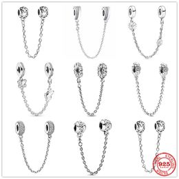 925 Sterling Silver Charms Sparkling Clear Sparkle Flower Safety Chain Bead Pendant Fit Original Beads Original Fit Pandora Bracelet Jewellery Making DIY Gift