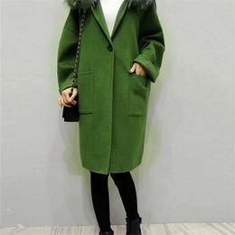 plaid women coat winter faux fur warm outwear casual mid longcoat green one button loose plus size 2XL wool long coat women T190903