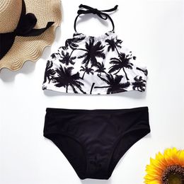 5-14 Years Girl Swimsuit Kids Palm Tree Teenage Bikini Set Halter Top Two Piece Children's Swimwear BIg s Bathing Suit 220426