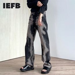 IEFB Men's Wear Washed Black Grey Jeans Korean Streetwear Trend Loose Straight Denim Pants Tie Dye Long 9Y6579 220328