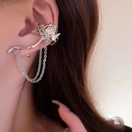 Clip-on & Screw Back Metallic Glossy Rose Flower Silver Needle Tassel Ear Bone Clip Earrings Niche Design Cool Wind EarringsClip-on