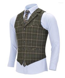 Men's Vests Business Plaid Wool Army Green Vest Single-breasted Cotton Suit Waistcoat For Wedding Formal Groomsmen Stra22