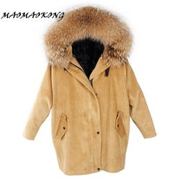 winter jacket coat women parka fur Corduroy real raccoon collar warm thick lamm wool liner parkas 201210