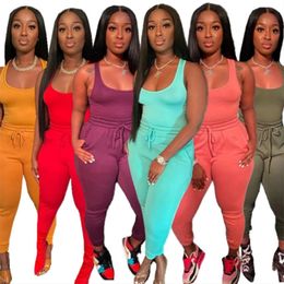 Women Pants 2 Pieces Sport Sets Solid Sleeveless Tank Slim Top Long Two Suits Running Tracksuit 220509