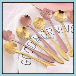 Spoons Flatware Kitchen Dining Bar Home Garden Flower Tea Coffee 8 Designs Titanium Gold Copper Plated Stainless Steel Cutlery Drop Deliv