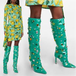 Büyük Boyut 34-46 Kadın Botları 2022 Yeni Marka Sonbahar İnce Topuk Diz Yüksek Botlar Parlayan Gem Partisi Ayakkabı Yeşil Zapatos Mujer