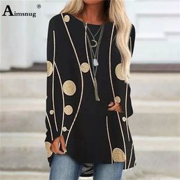 Plus Size Ladies Elegant Leisure Casual T shirt Dot Stripe Print O neck Loose Women s Top Spring Autumn Tees shirt Clothing 220408