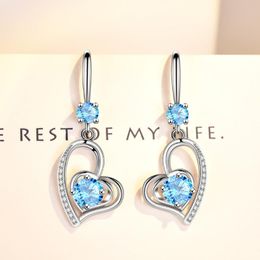 Dangle & Chandelier Silver Needle Women Fashion Jewellery High Quality Blue Cubic Zirconia Crystal Heart Love Hook EarringsDangle DangleDangle