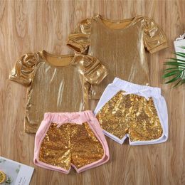 irls Gold Tops+Sequined Pants Set Summer Kids Boutique Clothing 0-4T Little Short Sleeves T-Shirts PC Outfits