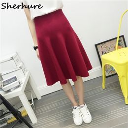 Sexy Women Knitted Skirt Autumn Winter Solid High Waist Midi s A-Line Pleated Female Jupe Saia Quality 220322