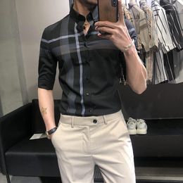 Men's Casual Shirts Shirt Mid-sleeve Trend Plaid Thin Five-point Sleeve Summer Net Red Foreign Style Small Inch Clothing