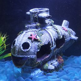 Sunk Ship rium Ornament Wreck Submarine Fish Tank Waterscape Cave Decor Y200917