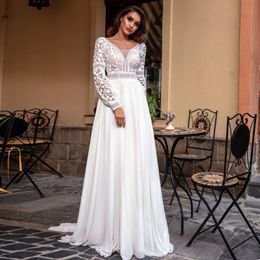 Other Wedding Dresses High Quality Summer Sweep Train A Line Dress 2022 Scoop Neck Lace Long Sleeve Chiffon Bridal Gown With AppliqueOther