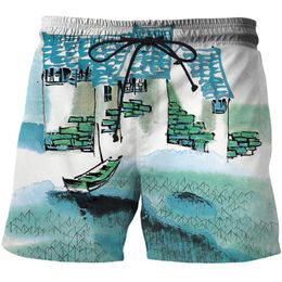 Men's Shorts Summer 2022 Men's Chinese Brush Painting 3D Print Man Outdoor Fitness Casual Pants Male Vacation Surfing Beach PantsMen's