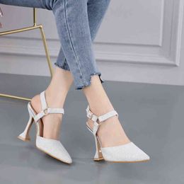 Buckle Strap Comfort Shoes for Women Sandals Stiletto Heels Suit Female Beige Fashion Black Girls Low Pointed Leather High 2022 G220525