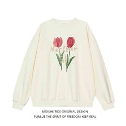 Moishe Tide Vintage Tulip Oil Painting Long Sleeve Round Neck Sweater for Men and Women Loose Lazy Style Couple Jacket