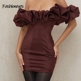 Fashioncyes Satin Elegant Sexy Party Summer Dress Women Off Shoulder Backless Mini Dresses Strapless Solid Bodycon Club Vestido 220426