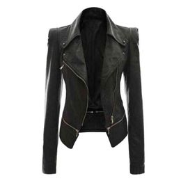 Fashion Women Autumn Solid Colour Faux Leather Zipper Lapel Motorcycle Jacket L220728