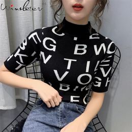 Summer Korean Style Knit Women Tshirt Fashion Sexy Letter Mock Neck Tops Bottoming Shirt Ropa Mujer Slim Tees 2021 New T08105L 210311