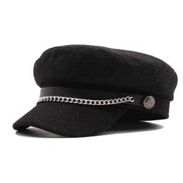 Autumn Winter Chain Wool Military Berets For Women Female Flat Army Cap Salior Hat Black Girl Ladies Travel Berets Painters cap J220722