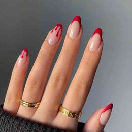 False Nails Detachable Manicure Wearable Almond Round Nail Art Simple Press on Red French Temperament Fake with Design Wholesale 0616
