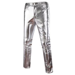 Men's Pants Richkeda Store 2022 Mens Skinny Shiny Gold Silver Black PU Leather Motorcycle Men Nightclub Stage For SingersMen's