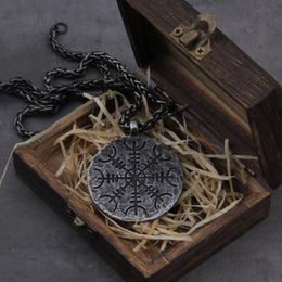 Pendant Necklaces "Helm Of Awe" And "Viking Vegvisir" Iron Color Viking Rune Necklace With Stainless Steel Chain As Men