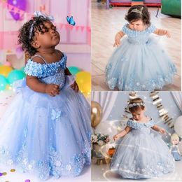 Cute Light Sky Blue Lace Flower Girl Dresses For Wedding 3D Appliqued Ball Gown Toddler Pageant Gowns Tulle Pearls Floor Length Kids Birthday Dress 403