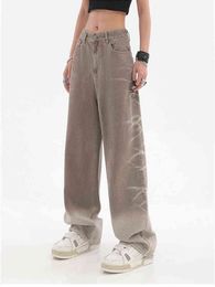2022 Autumn Winter Women Retro Wash Gradient High Waist Wide Blowjob Denim Pants American Style Streetwear Loose Jean Pants L220726
