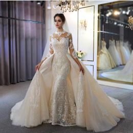 New Champagne Long Sleeves Mermaid Wedding Dresses With Detachable Train Vintage High Neck Plus Size Sparkling Bridal Gowns Real Image BC5030