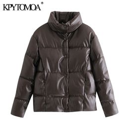 KPYTOMOA Women Fashion Thick Warm Faux Leather Padded Jacket Loose Parka Coat High Collar Long Sleeve Female Outerwear Chic Tops 201126