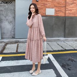 Fall Floral Skirt French Gentle Over-the-knee Long Skirt Fairy Sweet Chiffon Loose Mid-length Dress Long Sleeve JXMYY 210412