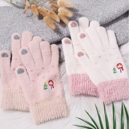 Five Fingers Gloves Fashion Solid Colour Cartoon Thickened Snowman Embroidery Mittens Warm Touch Screen Furry