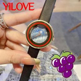 Round Multicolor Stitching Trend Women's Watch Leather Wristband 33mm Quartz Movement Clock Stainless Steel Dial Outdoor Sports Waterproof Ladies Wristwatch