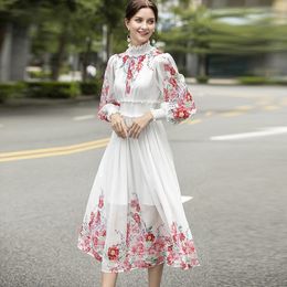 Women's Runway Dresses Stand Collar Ruffles Elastic Waist Fashion High Street Printed Floral Dress Vestidos