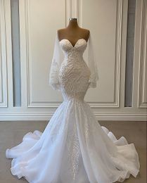 Glamorous Pearls Arabic Mermaid Wedding Dresses Lace Appliques Bridal Gown Custom Made With Long Sleeves Women Formal Robes De Mariée