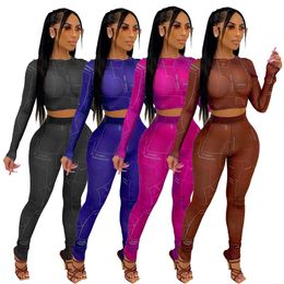 Fashion Letter Print Mesh See Through Tracksuits For Womens Long Sleeve O-neck Crop Tops And Slim Pencil Pants 2 Piece Sets MN8383