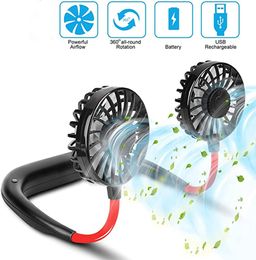 USB Portable Fan Cold Hands Free Neck Hanging Rechargeable Mini Sports 3-Speed Adjustable Dual Home Office 220505