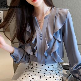 Dingaozlz korean fashion long sleeve chiffon blouse elegant female ruffles chiffon shirt casual clothing women tops 210302