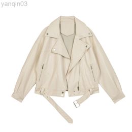 2022 New Spring Autumn Women Pu Leather Motorcycle Jacket Female Faux Leather Fashion Sashes Outercoat Solid Loose Casual Coat L220801