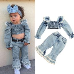 Clothing Sets 1-6Y Kids Girls Autumn Clothes Fashion Denim Outfits Baby Ruffle Long Sleeve Square Neck Crop Tops Flare Pants JeansClothing