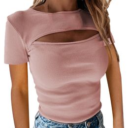 Fashion Women's tops Cut Out Tees Solid Color T-shirts Autumn Sexy Short Sleeve Slim Fit Tops Hollow Casual Top Basic Shirts