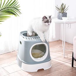 Portable Cat Litter Box With Lid Foldable Cats Tray Top Entry Pet Toilet Scoop Large Inside Room Beds & Furniture