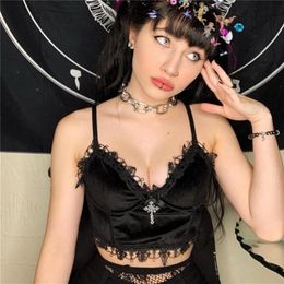 Velvet Mall Goth Crop Tops Black Lace Trim Emo Alternative Aesthetic Crop Tops Women Backless Sexy Strap Tanks 220607