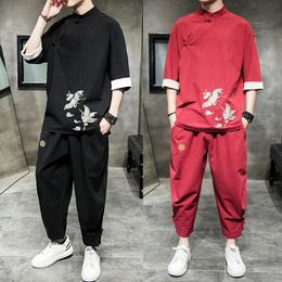 Men's Tracksuits Summer 2022 Men's Sets Chinese Embroidered Cotton And Linen T-Shirt Nine-Minute Pants Short Sleeve Casual Solid Colour S