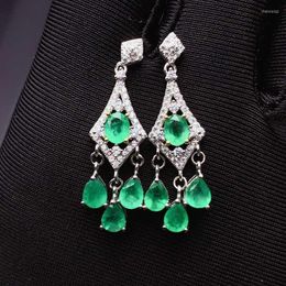 Dangle & Chandelier Luxurious Retro Long Line Natural Green Emerald Drop Earrings S925 Silver Gemstone Women Party Gift JewelryDangle